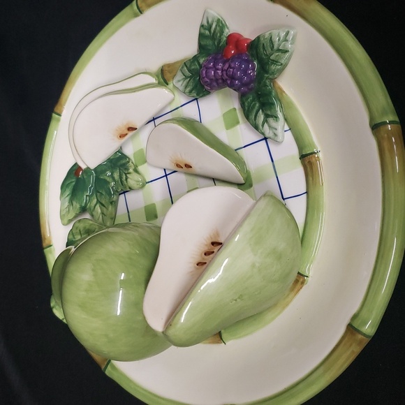 Ganz Bella Casa Ceramic Fruit Design Plate, Pears on Green Trimmed Pl… - Picture 3 of 5
